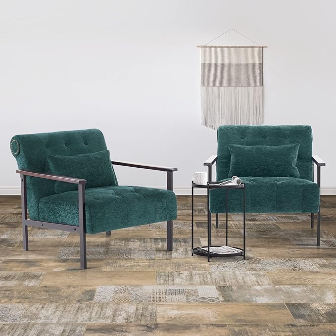 MCombo Modern Accent Chairs Chenille Upholstered Armchair Ergonomics Lounge Chair for Living Room HQ417 (1 Dark Green)
