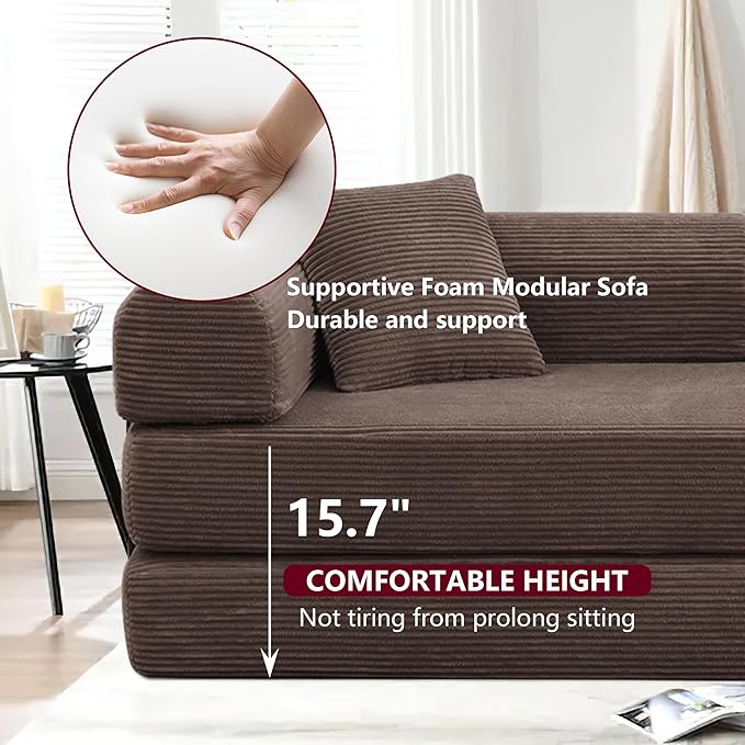 JJJ 78 inch Sofa Bed 4-in-1 Boneless Convertible Corduroy Sleeper Folding Couch with Fixed-Shape Frame and 2 Futons No Assemble Required 3 Seater Upholstered for Living Room (Brown 78 inch)