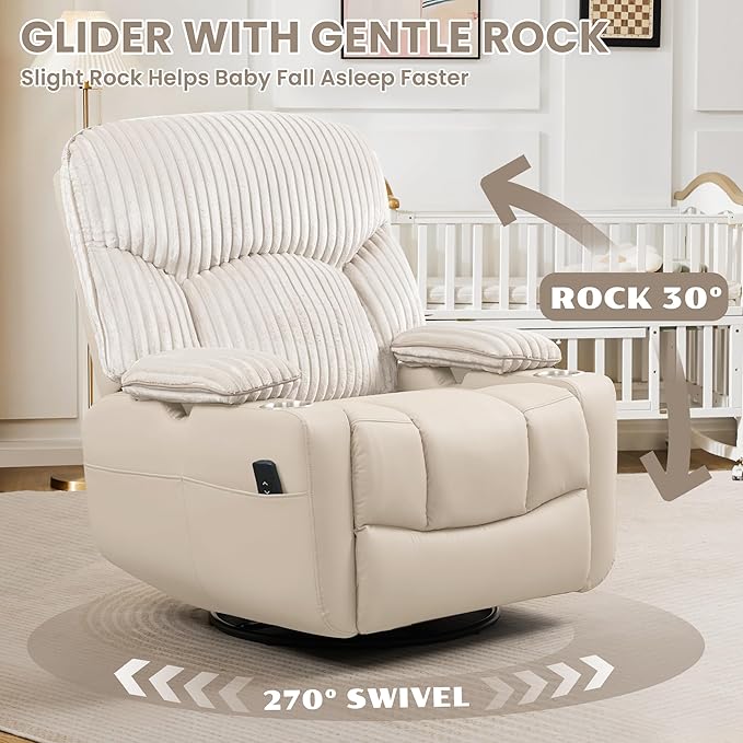SUNWAVE Power Nursery Rocking Chair with Adjustable Armrests Nursing Chair with USB Cup Holders &amp Blanket Swivel Rocker Recliner with Corduroy and PU Leather Mixed Fabric (Beige)