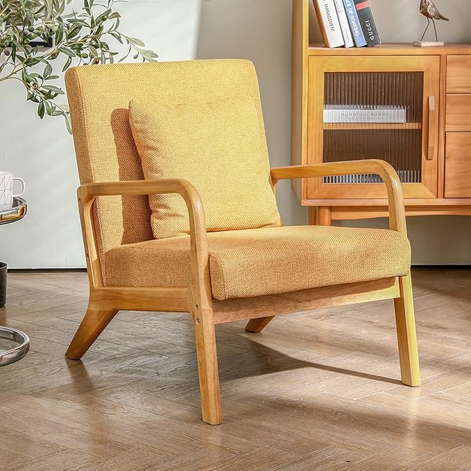 ELUCHANG Mid-Century Modern Accent Chair Upholstered Premium Linen Fabric Armchair with Wooden Frame LegsComfy Living Room Chairs Lounge Chair for Bedroom (Yellow 2 PCS)