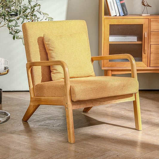 ELUCHANG Mid-Century Modern Accent Chair Upholstered Premium Linen Fabric Armchair with Wooden Frame LegsComfy Living Room Chairs Lounge Chair for Bedroom (Yellow 1 PC)