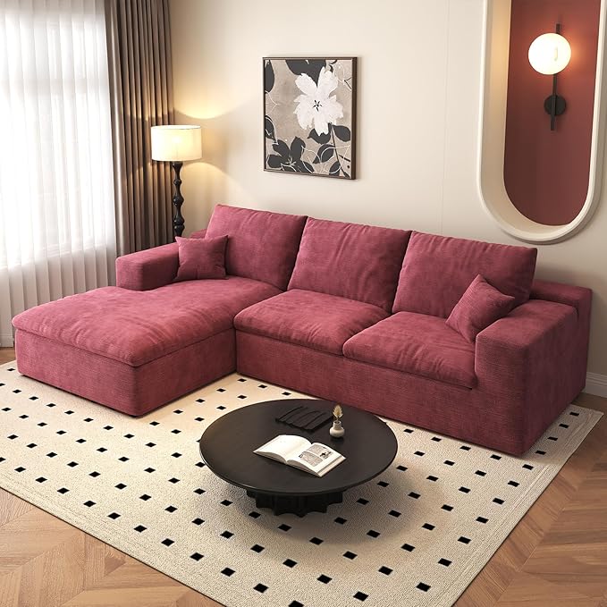 107'' L-Shaped Modern Modular Sectional Cloud Couch 4-Seat Chenille Deep-Seat Sofa with Pillow for Living Room Bedroom Apartment Wine Red