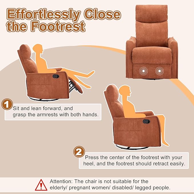 Manual 360° Swivel Rocker Recliner Chair for Adults Overstuffed Glider Chair for Nursery with Vibration Massage and Heat Comfy Soft Fabric Glider with Side Pockets for Living Room Orange