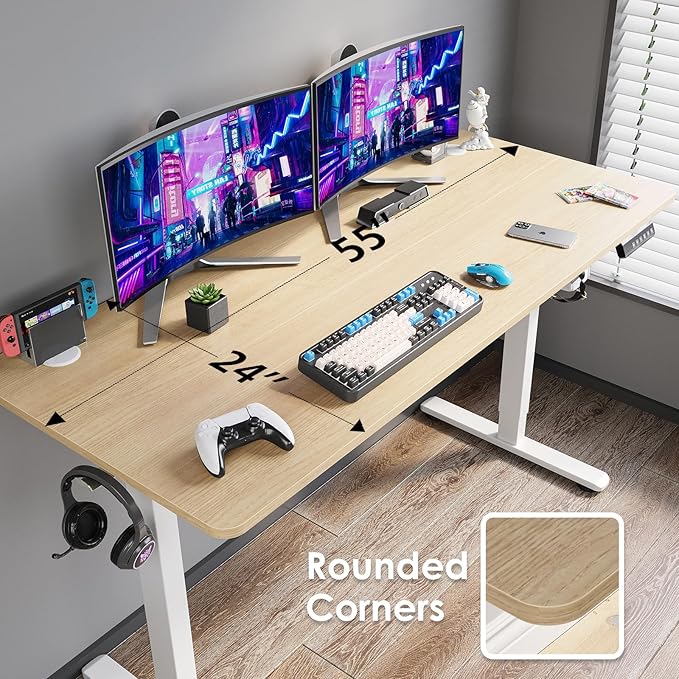 Soohow Electric Standing Desk 55 * 24 Inches Adjustable Computer Gaming Desk Stand up Office Desk for Home Office Bedroom Splice Board Natural and White