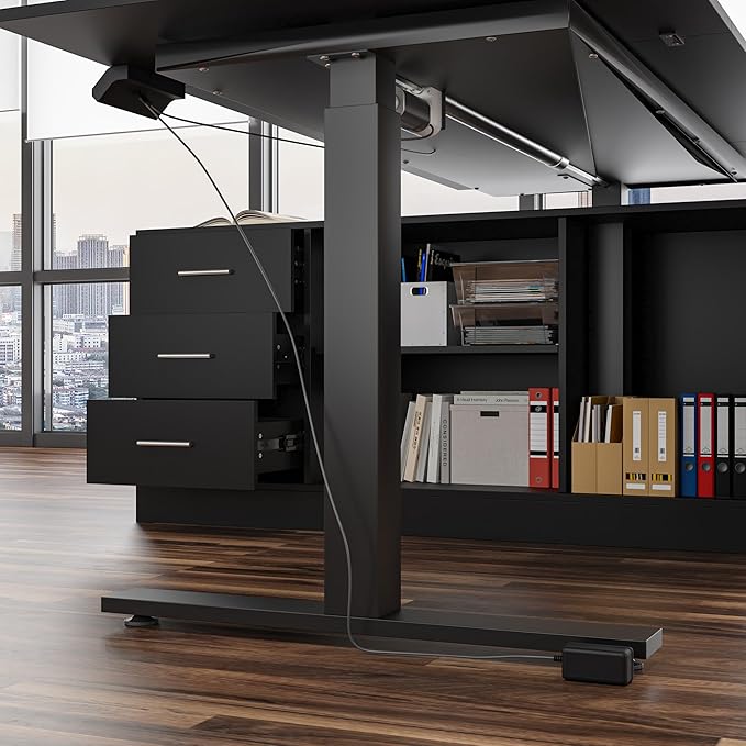 Homsee Home Office L Shaped Electric Standing Desk with Drawers and Shelves Height Adjustable &amp Shape Reversible Stand up Desk 63 Computer Executive Corner Table Black