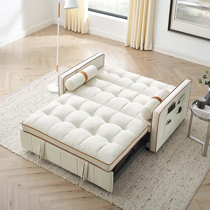 3-in-1 Convertible Sleeper Sofa Bed55.5 Modern Velvet Tufted Pull Out Couch BedFuton Small Love Seat Sofa with Adjustable Backrest&ampCylinder Pillows for Living RoomBedroomApartment(Beige)