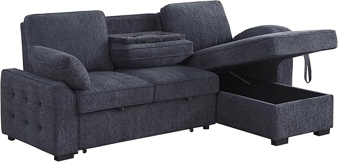 ERYE L-Shaped Pull Out Sleeper Sofa Bed Modern Chenille Upholstered Button Tufted Corner Reversible Sleeper Sectional Sofa Couch with Storage Chaise Drop-Down Table Cup Holders and Charging Ports