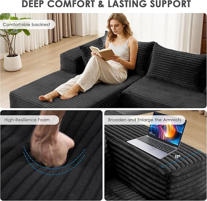 107 Cloud Couch Modular Sectional L Shaped Couch with Chaise Deep Seat Sofa Fluffy Corduroy Couches Boneless Couch for Living Room Black Left Facing Chaise