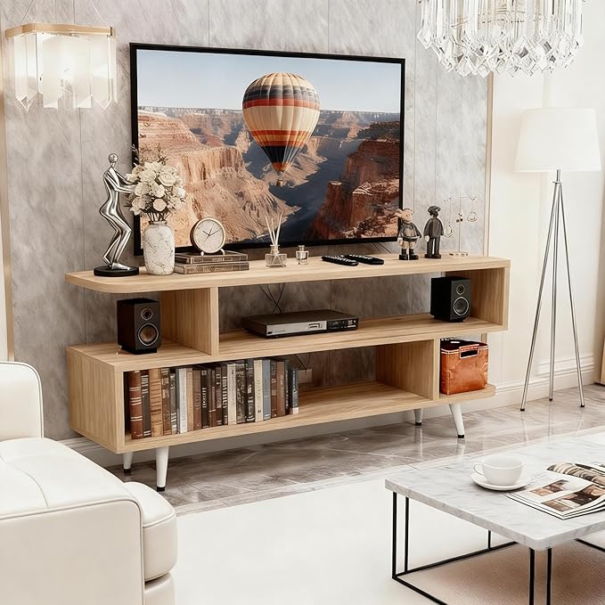 Lightdot TV Stand for TVs up to 45'' Modern Entertainment Center with 3 Open Storage Shelf Large Capacity for CollectionMedia Console Table for Living Room/Sofa Cabinet-Walnut