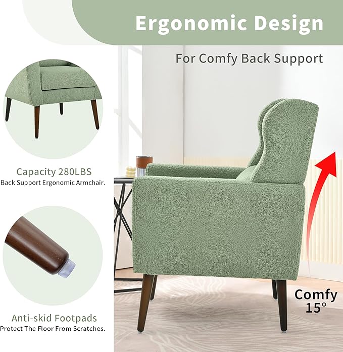 Modern Accent Chair Upholstered Arm Chair with Waist Pillow Single Sofa Chair for Living Room Bedroom Small Spaces (Light Green)