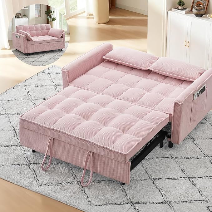3 In 1 Corduroy Convertible Sofa BedPull Out Couch Bed with Reclining Backrest And 2 Pillows 54 Full Size Loveseat Sleeper Sofa Futon Couch Bed Couches For Small Spaces Living Room (Pink ①)