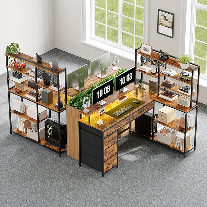 L Shaped Computer Desk with Drawers 53'' Gaming Desk with Storage Shelves Corner Computer Desk with Power Outlets &amp LED Light Home Office Desk with Monitor Stand and Pegboard Rustic Brown