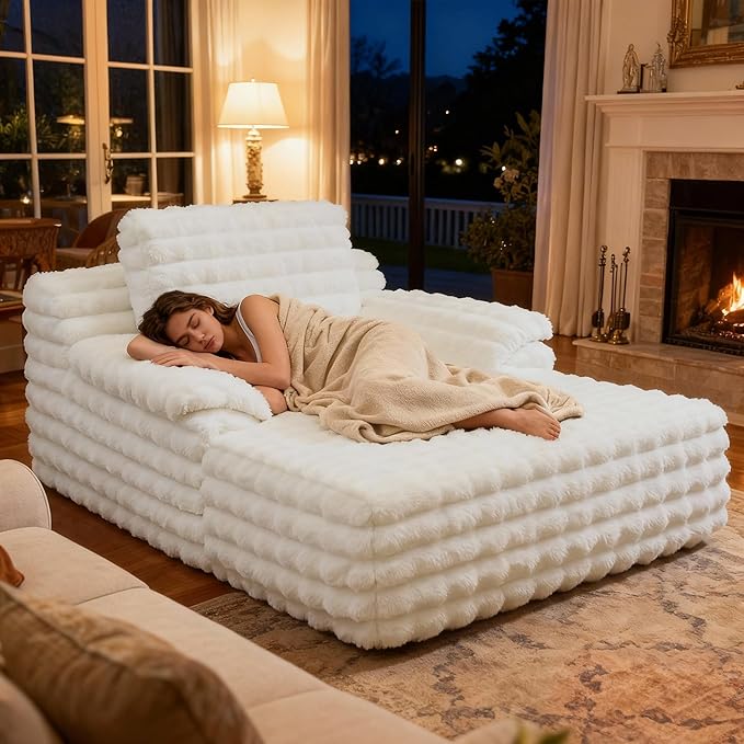 Oversized Lounge Chair Plush Faux Fur Comfy Reading Chair Boneless Chaise Sofa Recliner Bed Sleeper Couch with Wide Pillow Armrest for Living Room Bedroom (White)