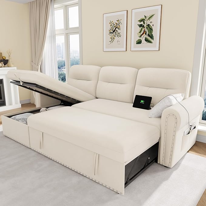 Sleeper Sofa Bed 87'' Pull Out Couch Bed with Reversible Storage Chaise &amp Nailhead Armrest Sectional Couches for Living Room Side Pocket &amp Charging Station Removable Backrest Velvet Fabri
