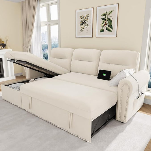 Sleeper Sofa Bed 87'' Pull Out Couch Bed with Reversible Storage Chaise &amp Nailhead Armrest Sectional Couches for Living Room Side Pocket &amp Charging Station Removable Backrest Velvet Fabri