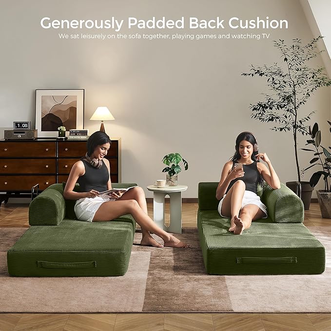79 Convertible Sofa Bed with Fixed-Shape Frame &amp Removable Armrests Modular Corduroy Sleeper Sofa Folding Mattress Couch for Small Spaces - No Assembly Needed in Green (Includes 2 Pillows)