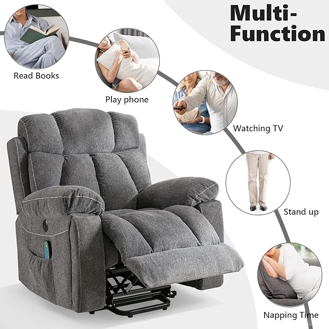 CANMOV Large Power Lift Recliner Chairs with Massage and Heat for Elderly Big People Heavy Duty Motion Reclining Mechanism-Anti Skid Fabric Recliner Chair with 2 Concealed Cup HoldersDark Gray