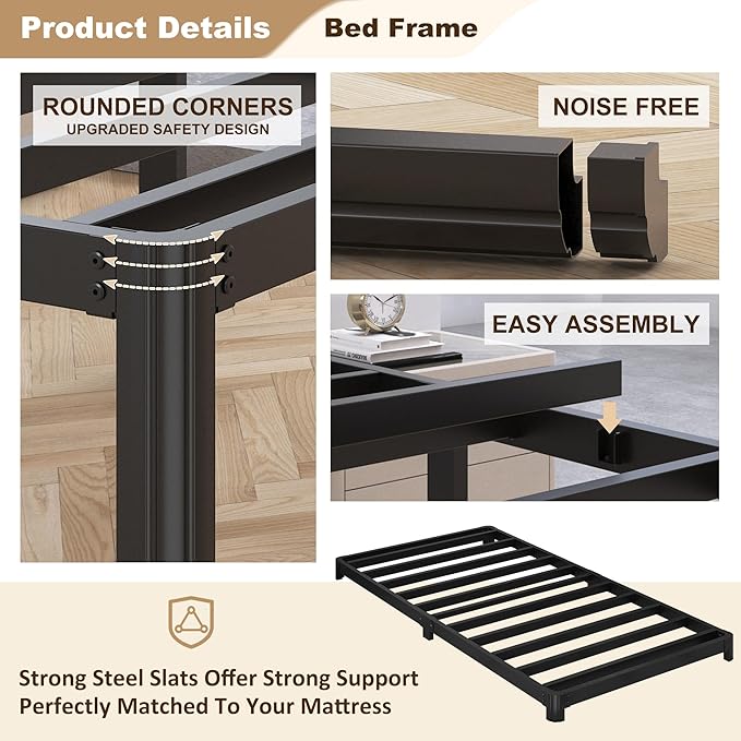 3 inch Low Twin Bed Frames with Rounded Corner Heavy Duty Metal Easy Assembly Noise Free Black