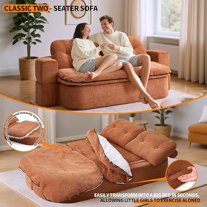 JustYes 78.7'' Convertible Boneless Couch Bed - Pull-Out Lazy Lounge Sleeper Sofa Memory Foam Folding Futon for Living Room Bedroom Dorm &amp Office Brown