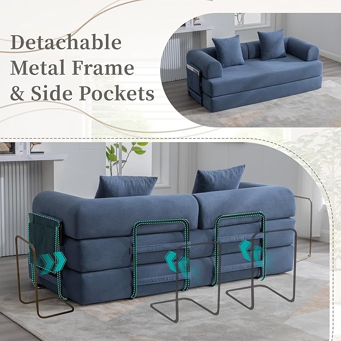 Convertible Sleeper Sofa Bed 78.5 Folding Floor Sofa Mattress Couch with Pillows Corduroy Futon Boneless Couch Lounge Loveseat with Pull Out Bed Navy Blue