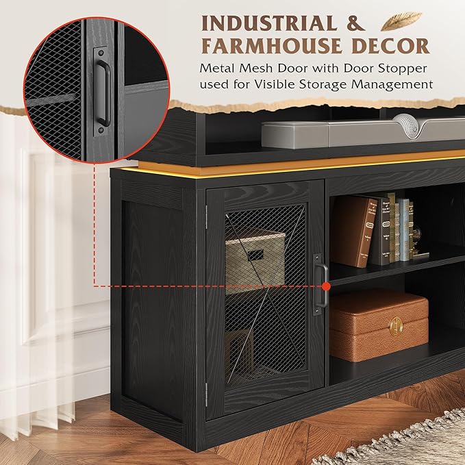 WLIVE Farmhouse TV Stand for TVs Up to 65 Inches Tall Entertainment Center with Storage Cabinets &amp LED Lights Media Console for Living Room Bedroom Home Theater Black