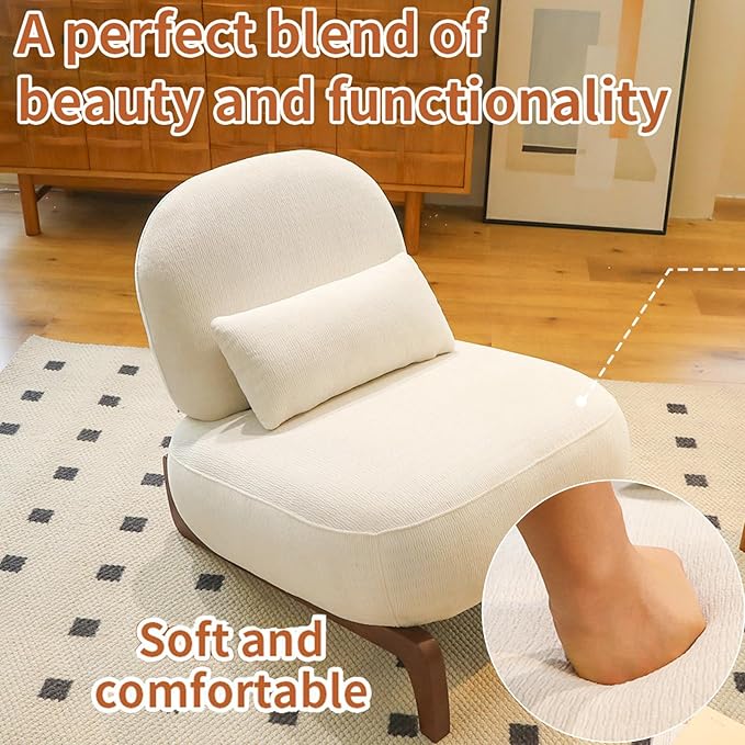 Upholstered Armless Accent Chair for Living Room Modern Comfy Living Room Chairs with Wooden Legs &amp Pillows Lounge Sofa Side Chair for Bedroom Reading (White 1)