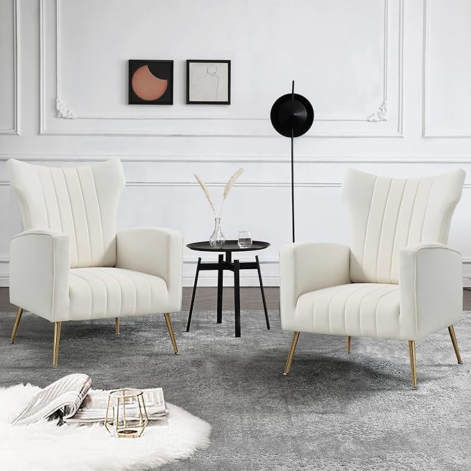 Generic Modern Velvet Accent Chair with Arms Wingback Reading Chair with Gold Metal Legs Comfy Upholstered Single Leisure Sofa for Living Room Bedroom ClubVelvetWhite