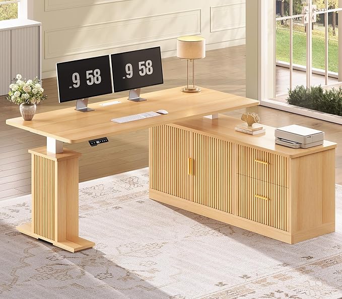 SEDETA L Shaped Electric Standing Desk 55 inch Height Adjustable Office Executive Desk with Storage Drawers Fluted Sit Stand Corner Computer Desk with Power Outlets for Home Office Oak