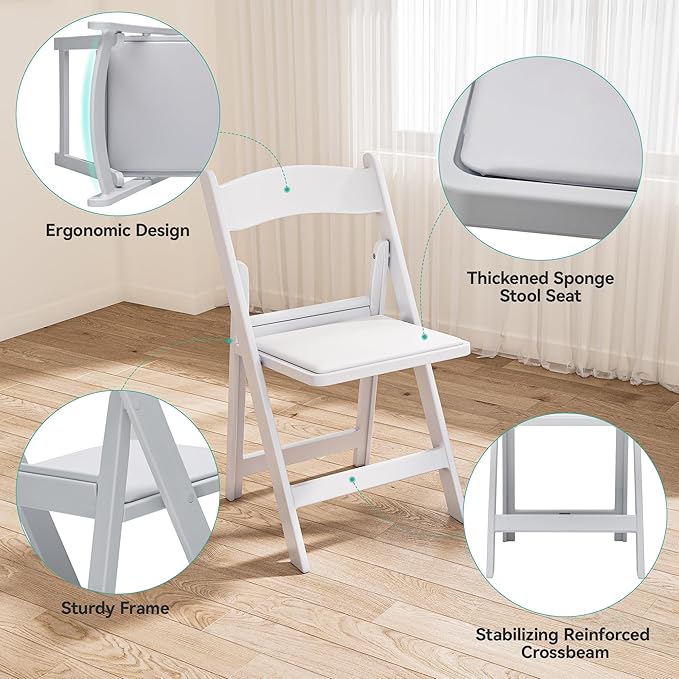 YITAHOME White Folding Chairs Set of 12 Sturdy Resin Folding Chairs with Padded Seat for Extra Comfort (550 lbs) Stackable White Chairs for Events Weddings Parties Picnics Yoga