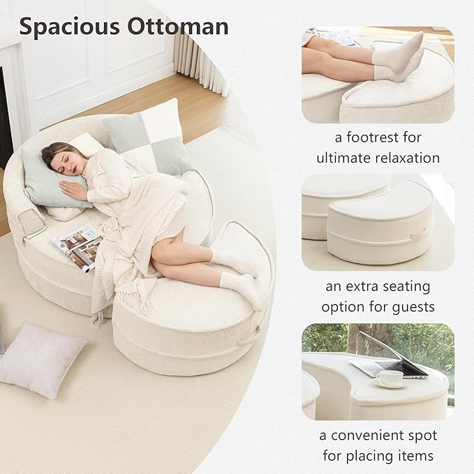 DEINPPA Oversized Round Accent Barrel Chair with Movable Ottoman Cloud Circle Chair with 5 Comfy Pillows for Living Room Reading Room Bedroom Boneless Couch No Assembly Required-Beige
