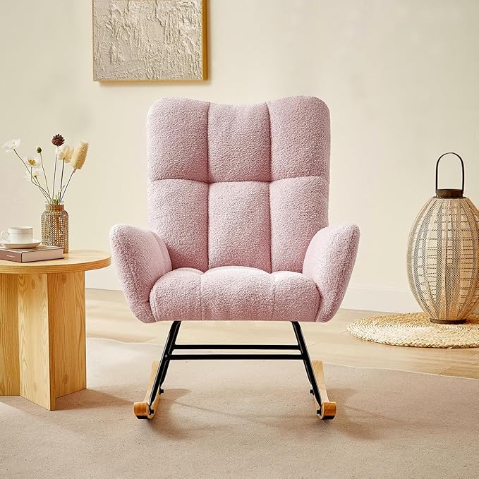 Teddy Rocking Chair Nursery Modern Teddy Fabric Nursing Chair for Mom and Baby Accent Upholstered Rocker Glider Chair with High Backrest for Nursery Living Room Bedroom (Pink)