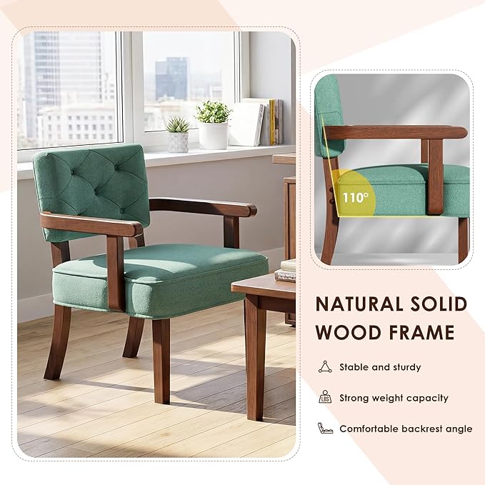 Versatile Accent Chair Small Side Arm ChairMid Century Oversize ArmchairUpholstered Wooden Accent ChairsTufted BackArmrestCushion for OfficeWaiting/Reading/Living Room Green
