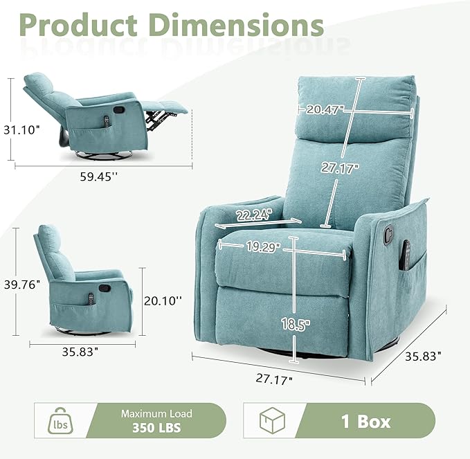 cinkehome Swivel Rocker Recliner Glider Rocker Recliner Chair for Nursery Manual Reclining Chair with Heated Massage Small Spaces Living Room Linen Light Blue
