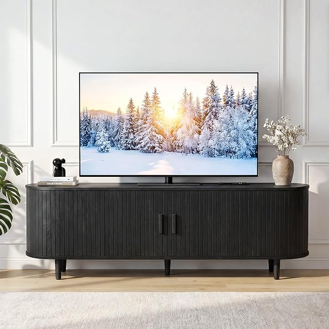 65 Mid Century Modern TV Stand Wood TV Consoles with Sliding Doors and Power Outlet Fluted Entertainment Center with Adjustable Shelves Media Console for Living Room Black