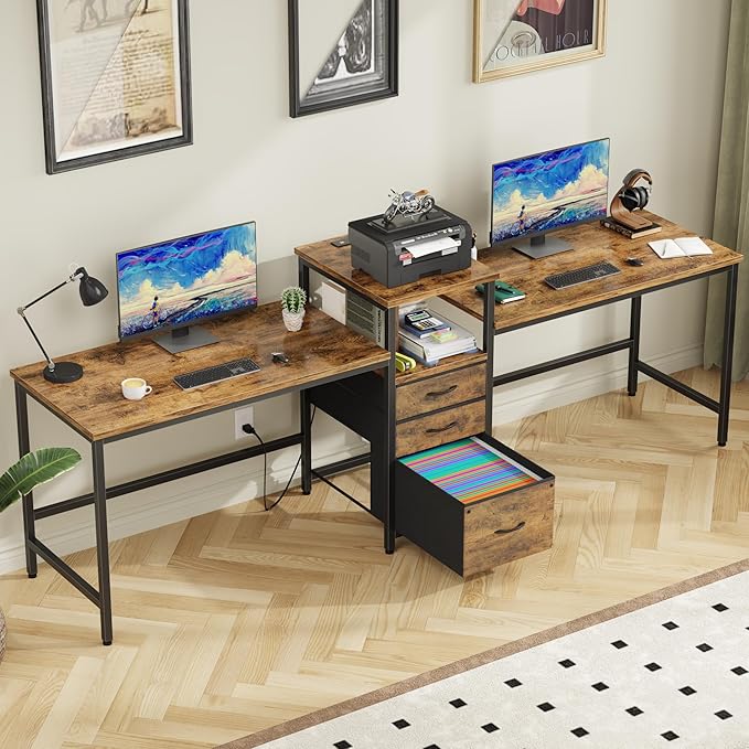 GYIIYUO 93'' 2 Person Desk with Charging Station Two Person Long Desk with 3 Fabric Drawers and Printer Shelf Double Computer Desk Writing Study Table Workstation for Home Office Rustic Brown