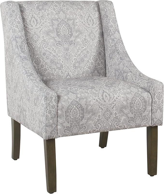 Homepop Home Decor | Upholstered Classic Swoop Arm Accent Chair | Accent Chairs for Living Room &amp Bedroom | Decorative Home Furniture Gray Damask
