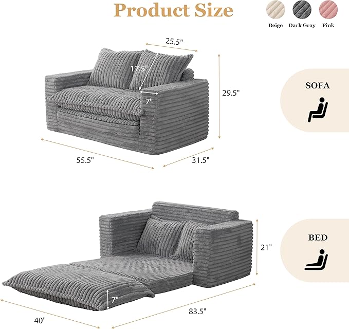 YOSHOOT Loveseat Sleeper Sofa Convertible Sofa Bed Couch Futon Couches for Living Room 3-in-1 Pull Out Floor Couch with Cushion and Pillows Dark Grey