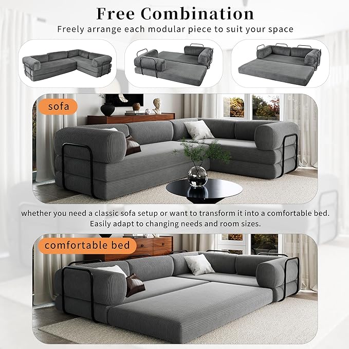 Merax L-Shaped Modular Sofa Bed in Corduroy Fabric Convertible Sleeper Sofa Bed 4 Seat Floor Couch for Living Rooms and Apartments No Assembly Required Gray
