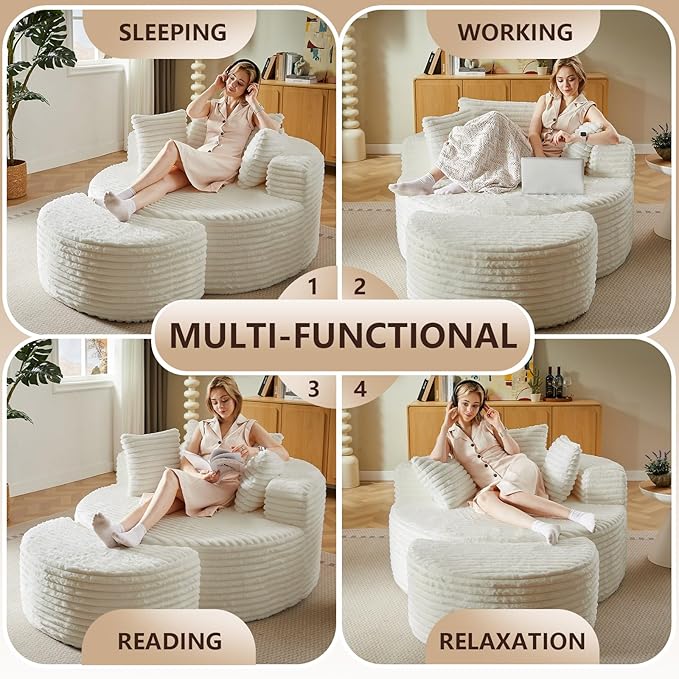 55''W Oversized Round Lounge Chair with Ottoman Modern Corduroy Accent Chair Upholstered Boneless Deep Seat for Living Room or Bedroom No Assembly Required (Corduroy White)