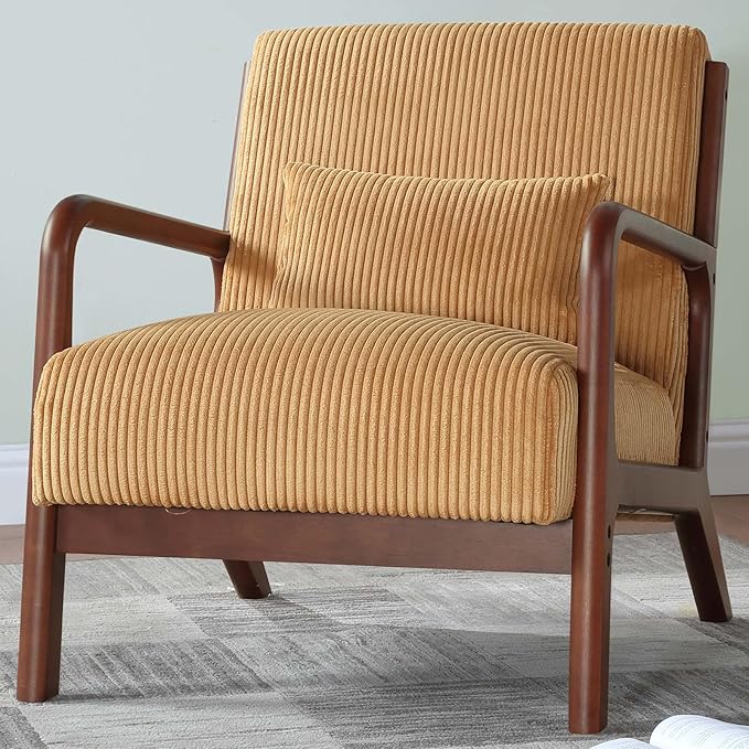 Modern Accent Chairs with Waist Cushion Comfy Upholstered Chair Living Room Corduroy Reading Chair with Solid Wood Frame Side Chairs for Living Room Bedroom Sunny Room Balcony (Yellow)