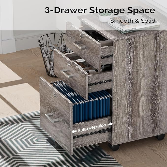 VINGLI 3-Drawer File Cabinet with Lock Wood Rolling Filing Cabinets for Home Office Mobile Printer Stand Under Desk File Organizer for Letter Sized Files 26 H(Caster Included)Gray Oak