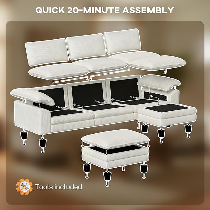 HOMCOM Modular Sectional Sofa Couch 124 Oversized L Shape Sectional Cloud Couch with Deep Seat Movable Ottoman and Pillow-top Armrests for Living Room Bedroom and Apartment Beige | Deep seat