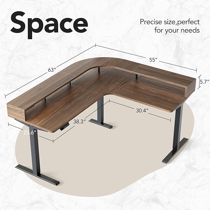 HUANUO L Shaped Electric Standing Desk with LED Strip &amp Power Outlets 63 x 55 2-Tier Height Adjustable Sit Stand up Desk Large Corner Gaming Desk with Power Strip Holder Walnut