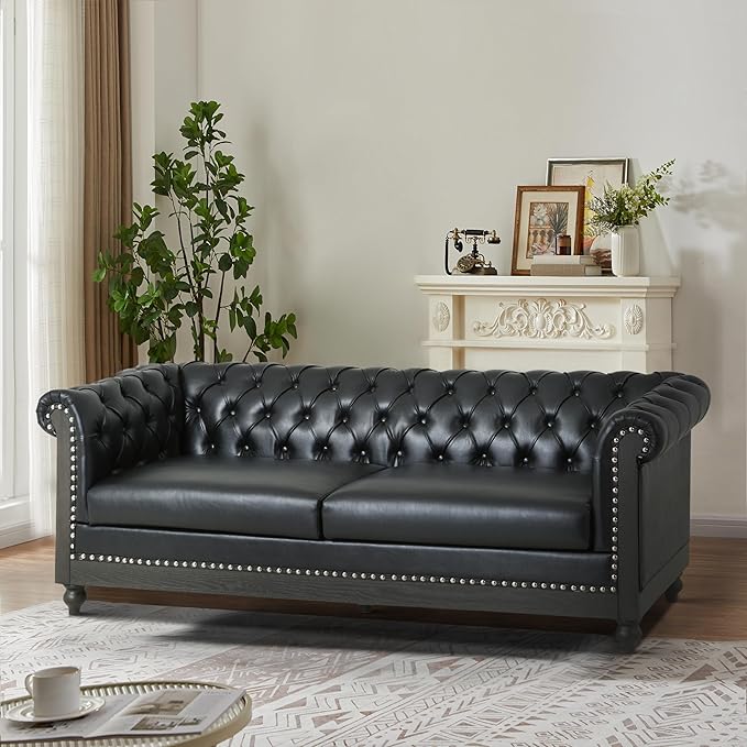 85.5 Upholstered Chesterfield Couch Modern 3 Seater Sofa with Tufted Back and Square Arms Wood Leg Nailhead Sofa for Living Room/Office/Apartment/Small Space Black