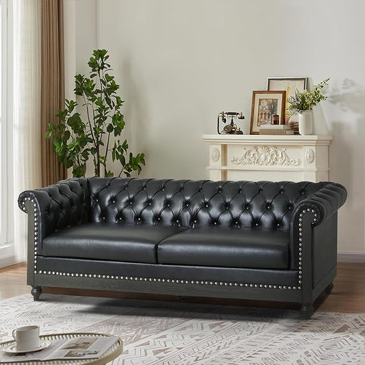 85.5 Upholstered Chesterfield Couch Modern 3 Seater Sofa with Tufted Back and Square Arms Wood Leg Nailhead Sofa for Living Room/Office/Apartment/Small Space Black