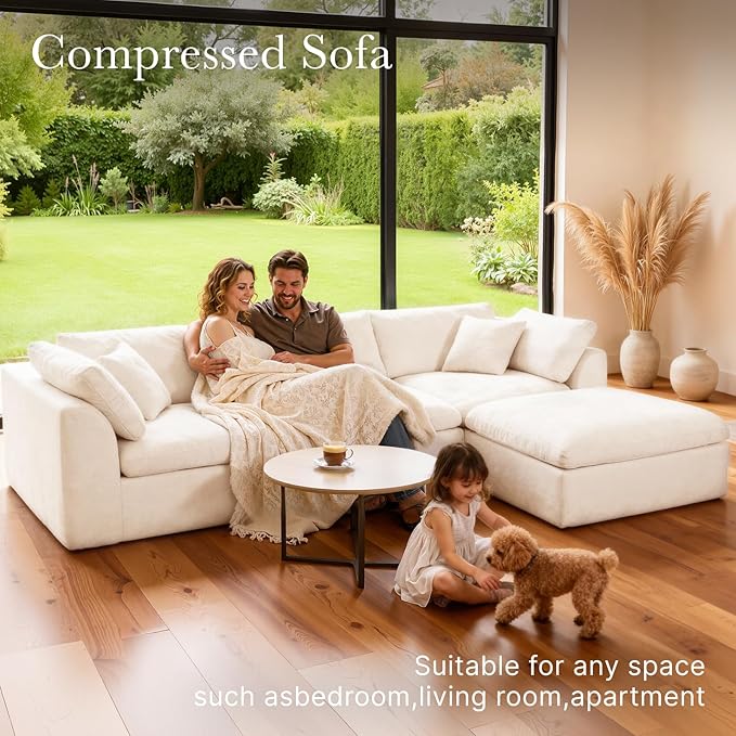 Cloud Modular Sectional Sofa Couch110” L Sofa with Wide Armrest Modern High-Density Sponge Compressed Sofa Couch for Living Room BedroomNo Assembly Needed (White 3 Seats+1 Ottoman)