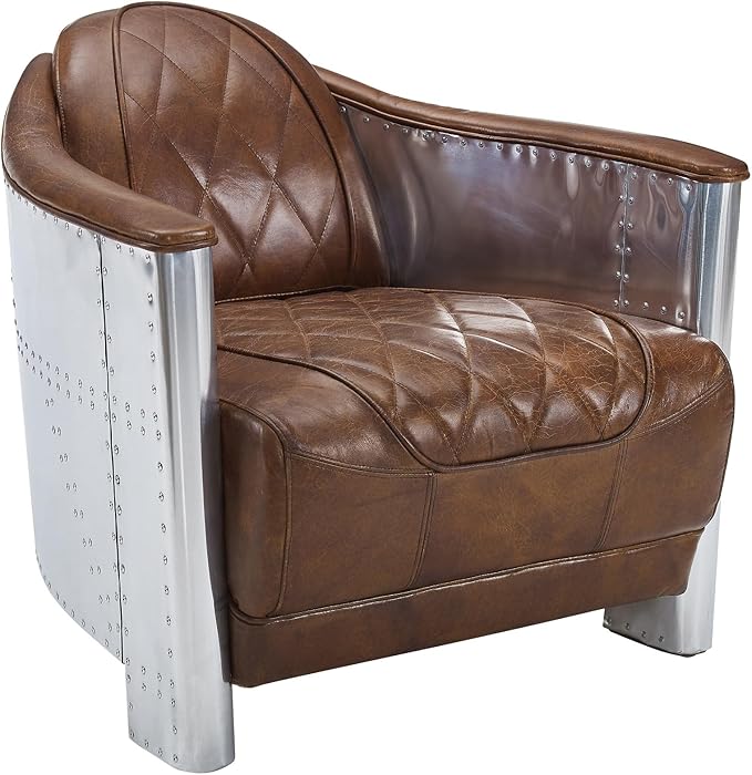 Volans Mid Century Modern Genuine Leather Accent Arm Chair with Vintage Aluminum Patchwork Cognac