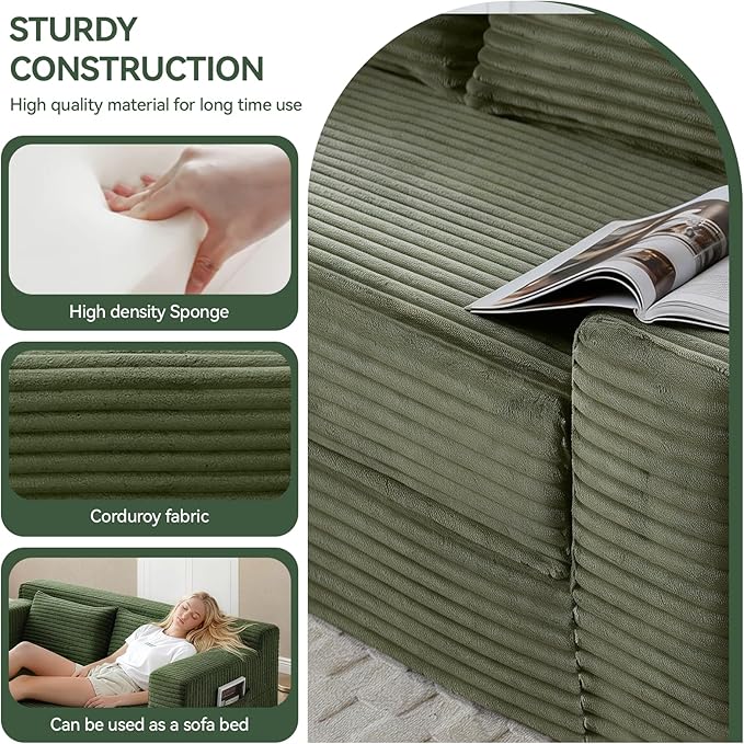 73 Convertible Sofa Bed Pull Out Boneless Loveseat Sleeper Sofa Corduroy Foldable Couch Bed with Storage Bag No Assembly Couch in a Box for Living Room Apartment (Green)