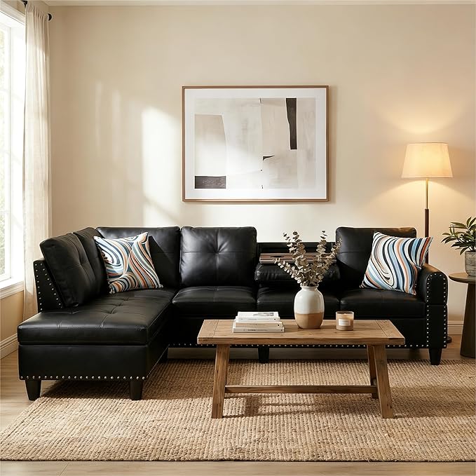 L-Shaped Sectional Couch with Cup Holders Leather Living Room Sofa with Lounge Chaise Modern 4 Seater Sofa Couch for Living Room Small Apartment &amp Office Black