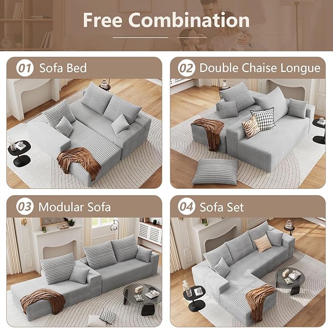 95 Cloud Sectional Couch with L-Shape Chaise Modern Corduroy Boneless Deep Seat Sofa 3-Seater Modular Sleeper Couch for Living Room BedroomApartmentNo Assembly (Light Grey Left-Facing Chaise)